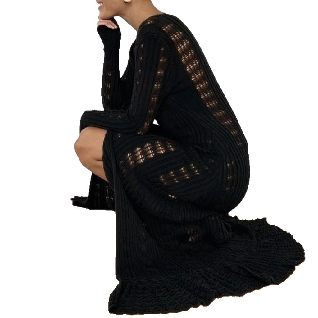 French Style Vacation Hollow Bell Sleeve Woolen Dresses