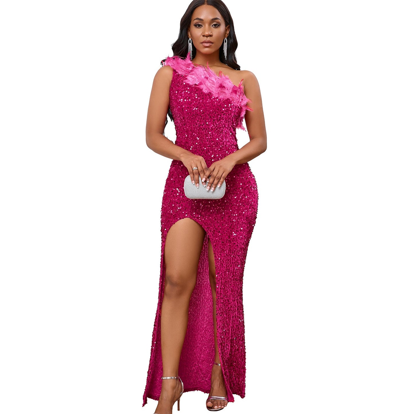 Temperament Diagonal Collar Banquet High Waist Slit Dresses