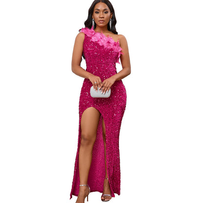 Temperament Diagonal Collar Banquet High Waist Slit Dresses