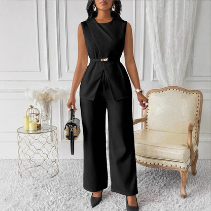 Women's Solid Color Sleeveless Belt Two-piece Casual Suits