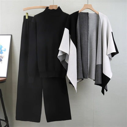 Women's Fashionable Knitted Color Matching Shawl Three-piece Suits
