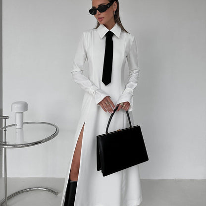Women's Elegant College Style Lapel Long Sleeve Split Dresses