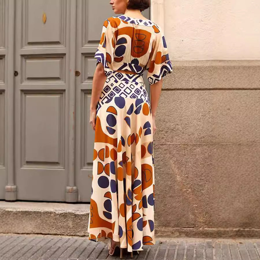 Women's Collar Waist Trimming Printing Dress Two-piece Dresses