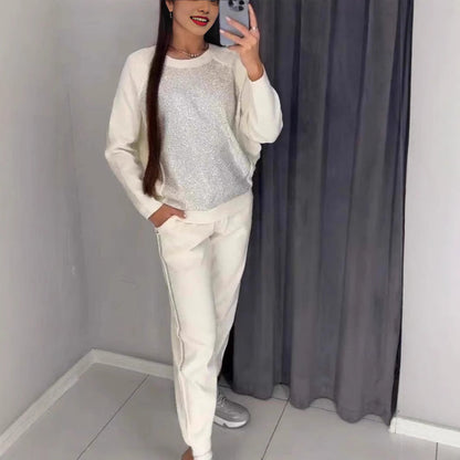 Women's Solid Color Rhinestone Long Sleeve Round Suits