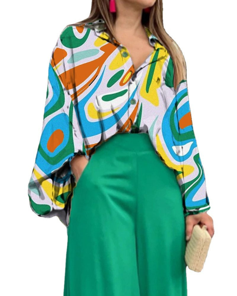 Women's American Printed Casual Loose Lapels Shirt High Suits