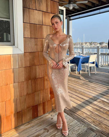 Fashionable Sequined Backless Dress Party Midi Dresses