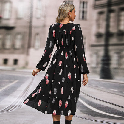 Romantic Elegant Colorful Feather Printed Sleeves Dresses
