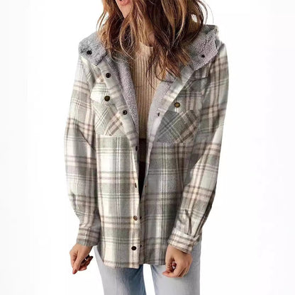 Women's Long-sleeved Plaid Woolen Hooded Lamb Wool Sweaters