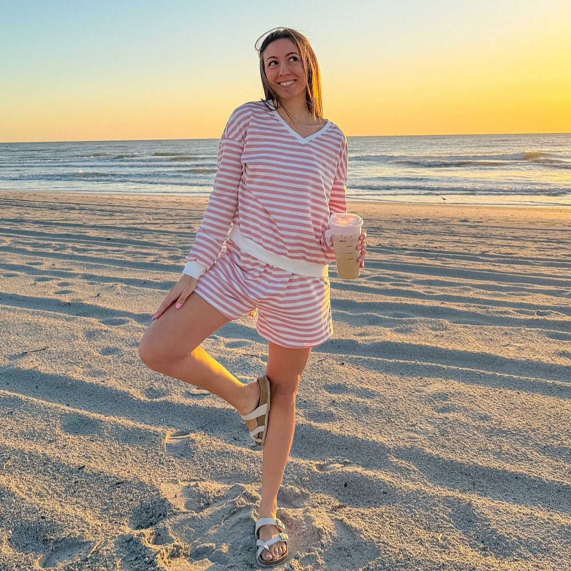 Women's Striped Casual Long-sleeved Elastic Waist Suits