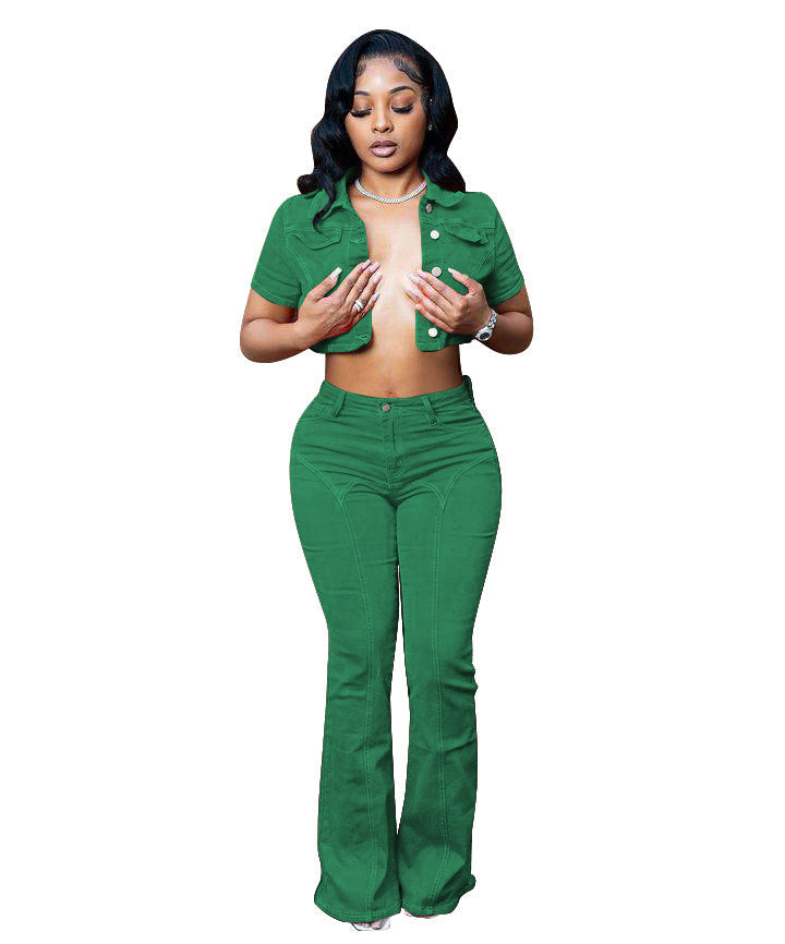 Denim Sleeve Color Small Horn Elastic Suits