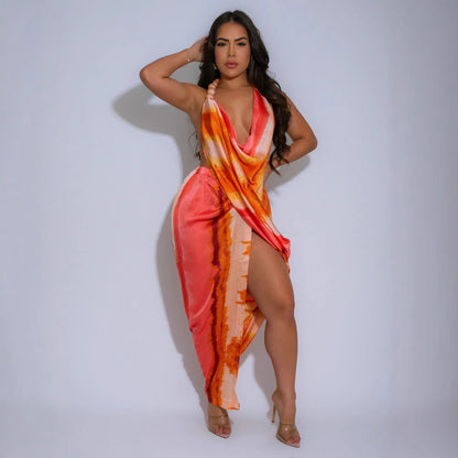 Beaded Halter Sexy High Split Printed Silk Dresses