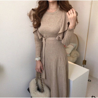 Attractive Elegant Ruffled Knitted Dress Mid-length Dresses