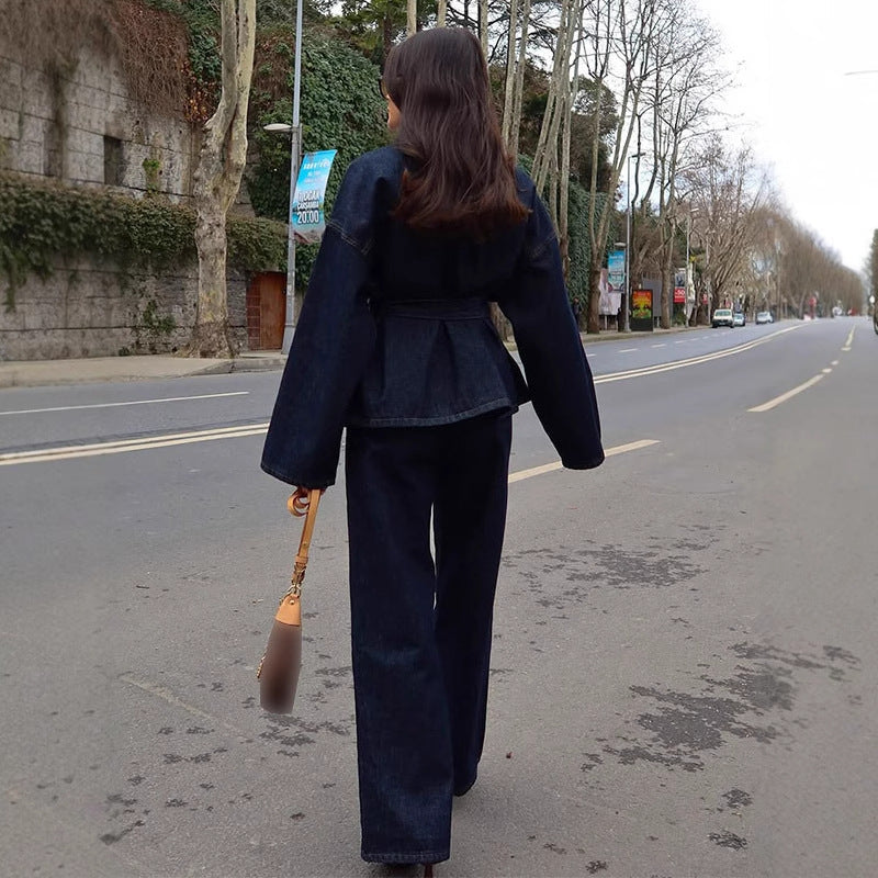 Elegant Lapel Belt Denim Long Sleeve Suits