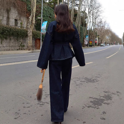Elegant Lapel Belt Denim Long Sleeve Suits
