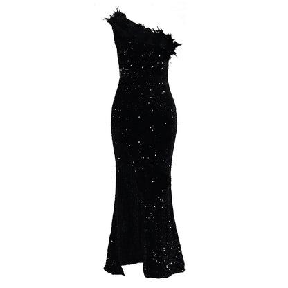 Temperament Diagonal Collar Banquet High Waist Slit Dresses