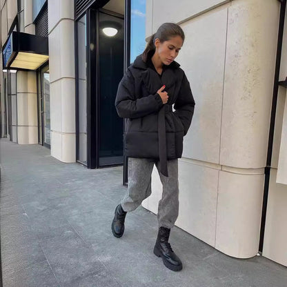 Women's Padded Lapel Cinched Slimming Pure Color Coats