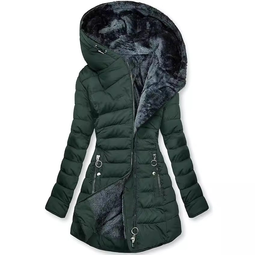 Women's Plush Hooded Mid-length Oblique Zipper Coats