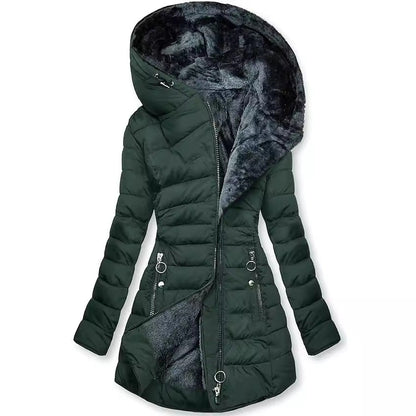 Women's Plush Hooded Mid-length Oblique Zipper Coats