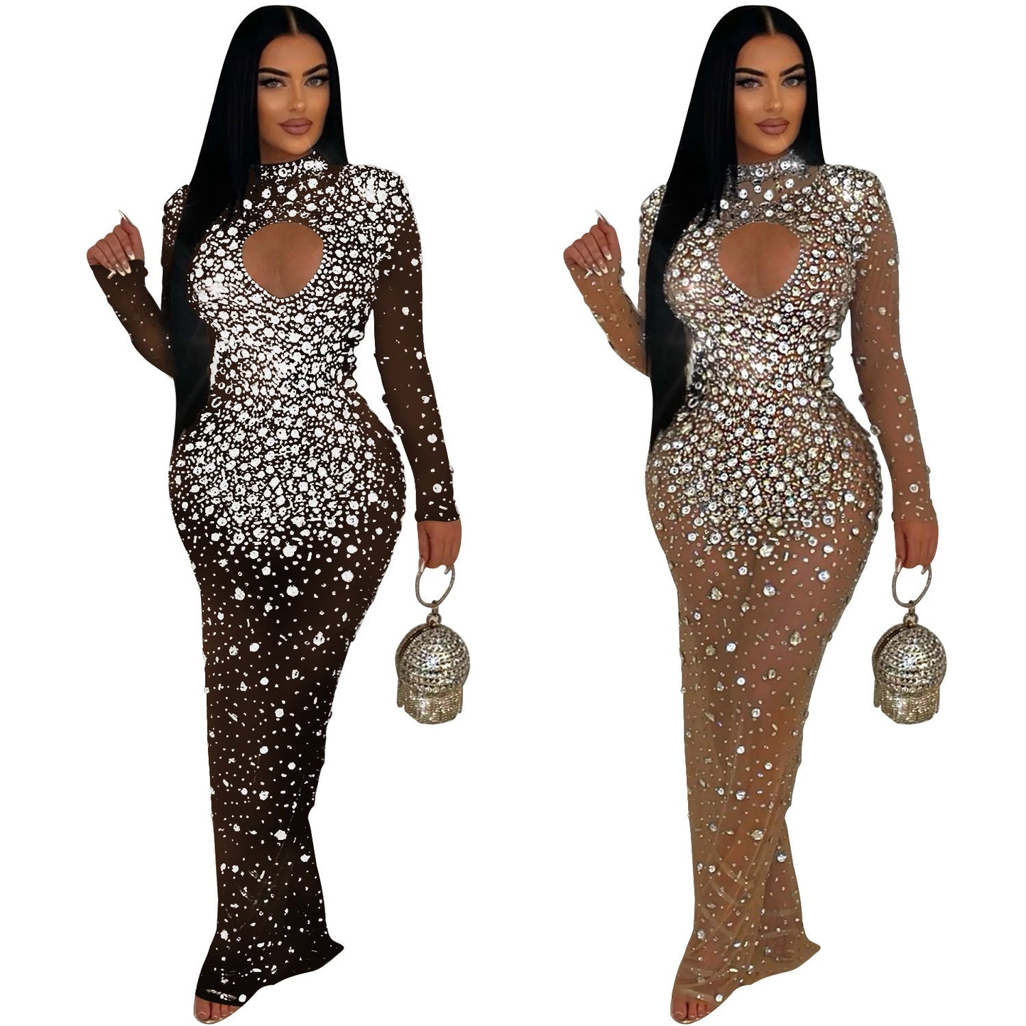 Women's Fashion Wear Round Neck Rhinestone Dress Dresses