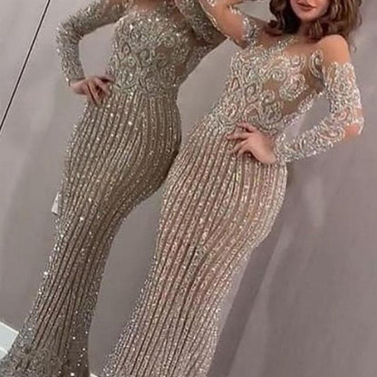 Long Dress Temperament Commute Gold Sequined Solid Color Dresses