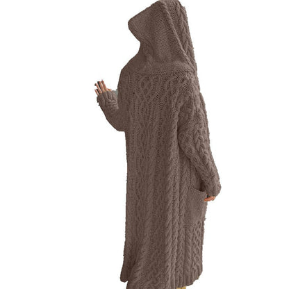 Women's Twist Braid Idle Style Hooded Long Cardigans