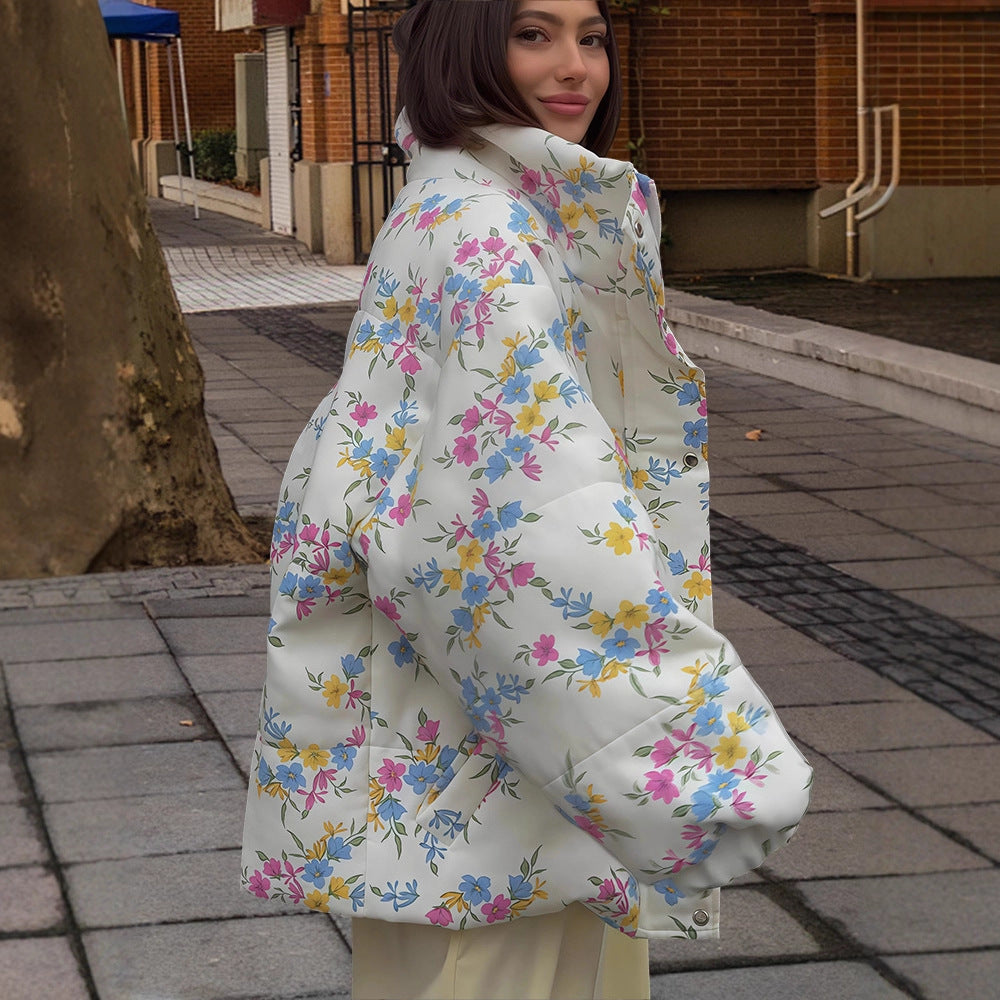 Women's Stand Collar Zipper Warm Printing Coats