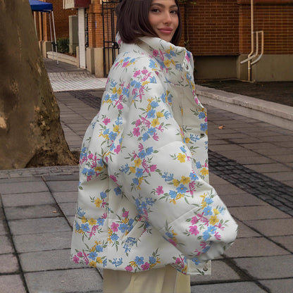 Women's Stand Collar Zipper Warm Printing Coats