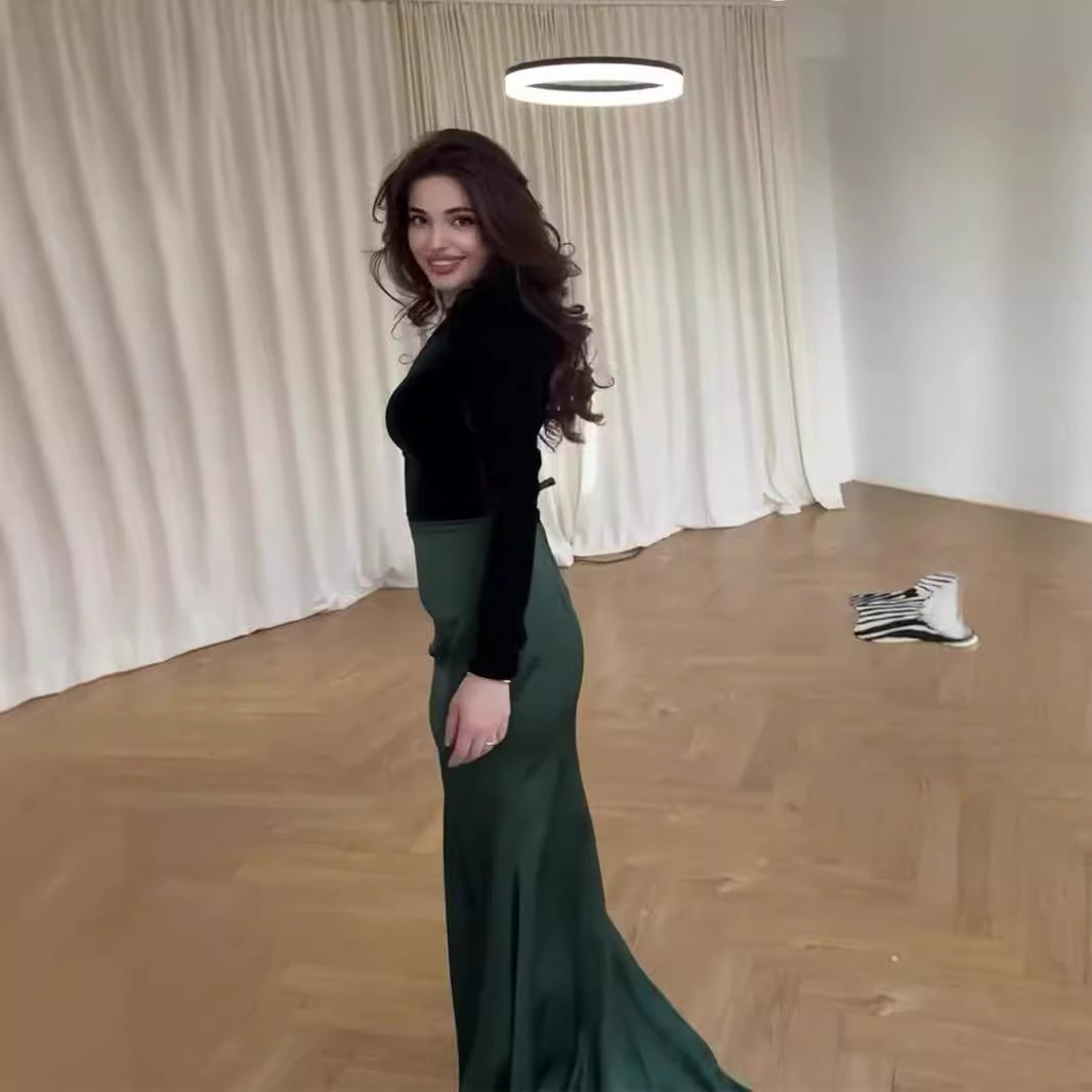 Fashion Elegant Veet Patchwork Intellectual Long Dresses