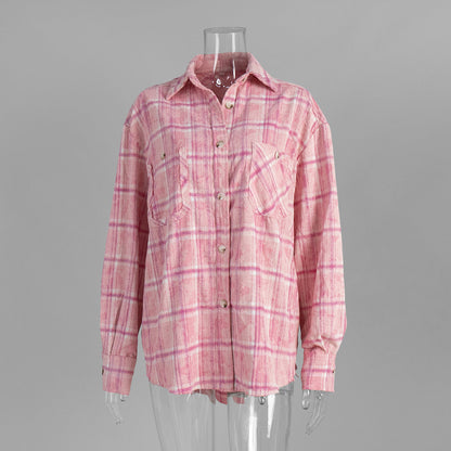 Plaid Shirt Retro Trendy Loose Pink Blouses