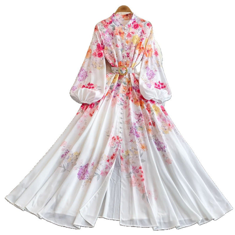 Women's Lantern Long Sleeve Single-breasted Printed Dress Dresses