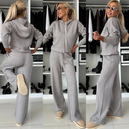 Women's Casual Solid Color Hooded Long Sleeve Lace Wide Leg Suits