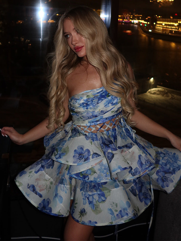 Women's Sweet Elegance Printed Backless Lace Up Dresses