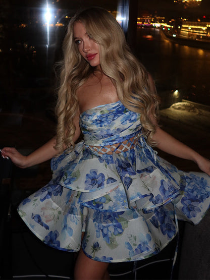 Women's Sweet Elegance Printed Backless Lace Up Dresses