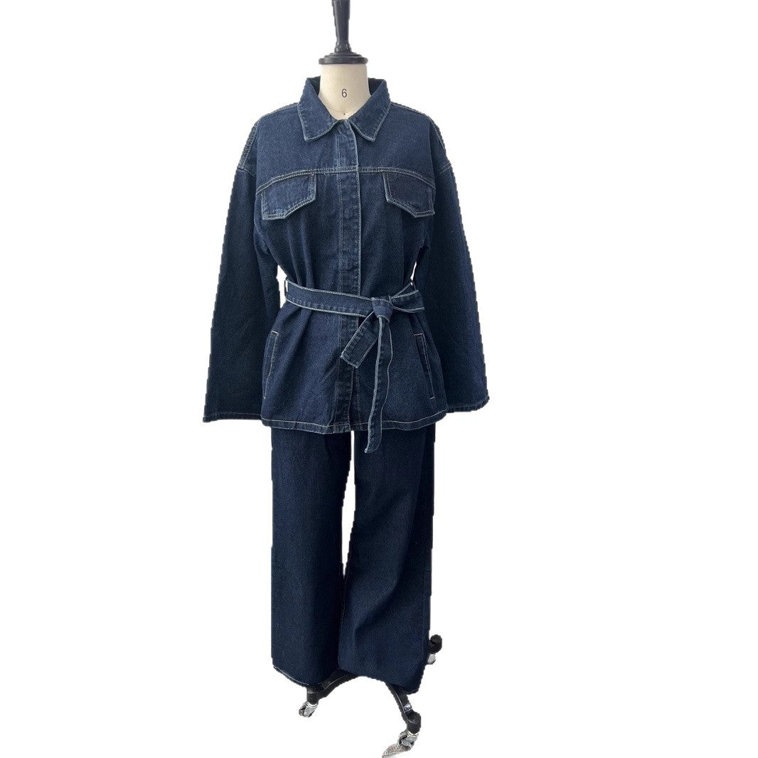 Elegant Lapel Belt Denim Long Sleeve Suits