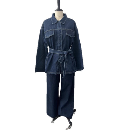 Elegant Lapel Belt Denim Long Sleeve Suits