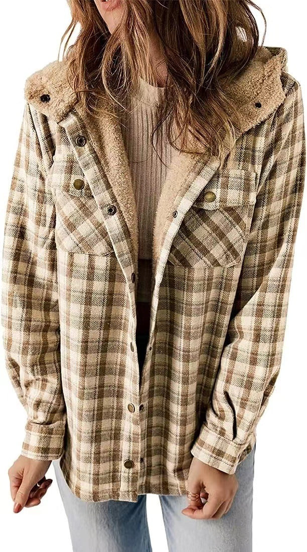 Women's Casual Plaid Hooded Woolen Fleece-lined Warm Coats