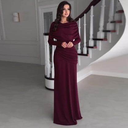 Women's Round Neck Design Pleated Waist Tight Dresses