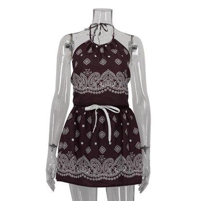 Women's Digital Vintage Print Hot Backless High Suits