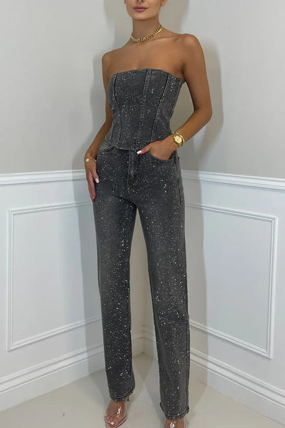 Women's Sexy Shiny Diamond Trousers Two-piece Set Suits
