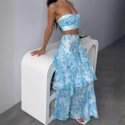 Women's Fashion Wrapped Chest Printed Backless Split Dresses