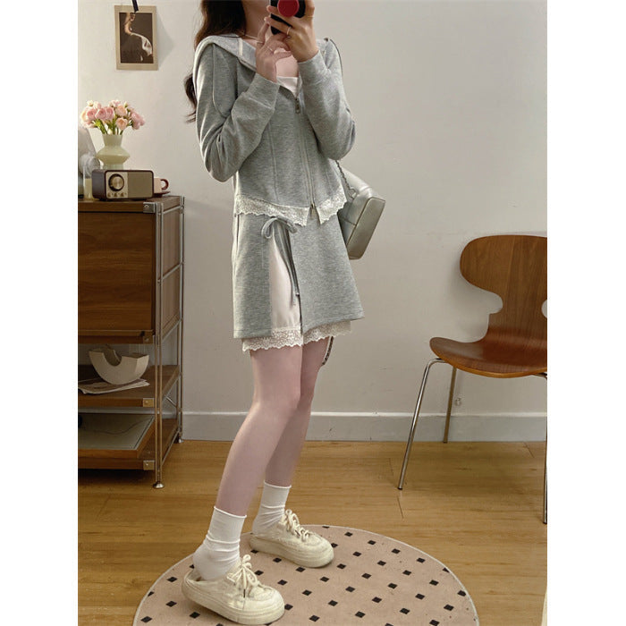 Women's Fat Lace Stitching Hooded Autumn High Waist Korean Tops