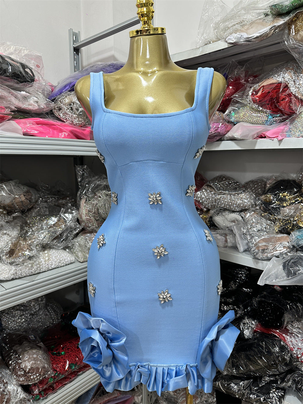 Women's Diamond Crystal Style Backless Slit Mini Skirts
