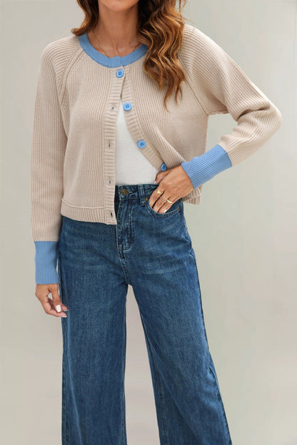 Women's Single Row Button Contrast Color Knitted Sweaters