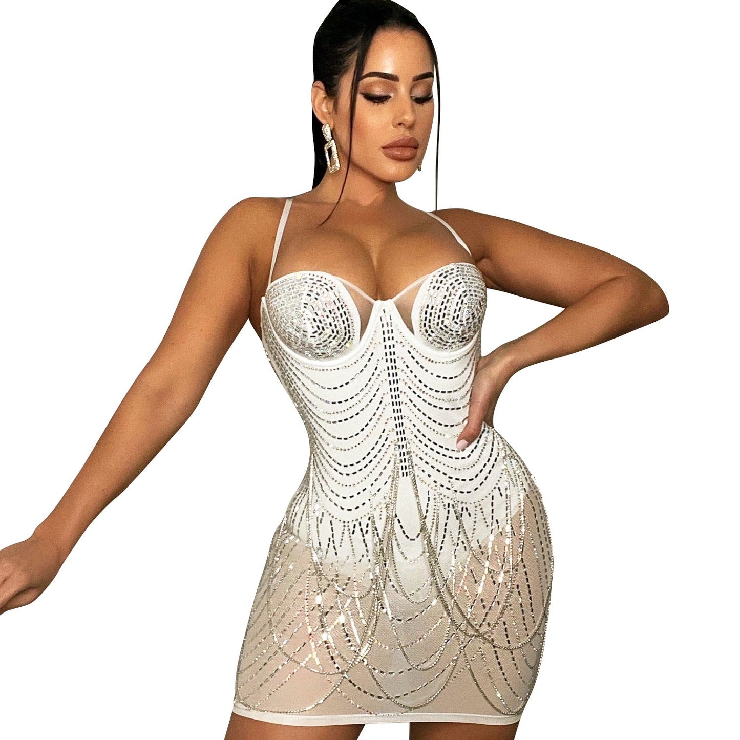 Women's Summer Fashion Nightclub Sexy Mesh Rhinestone Tassel Dresses