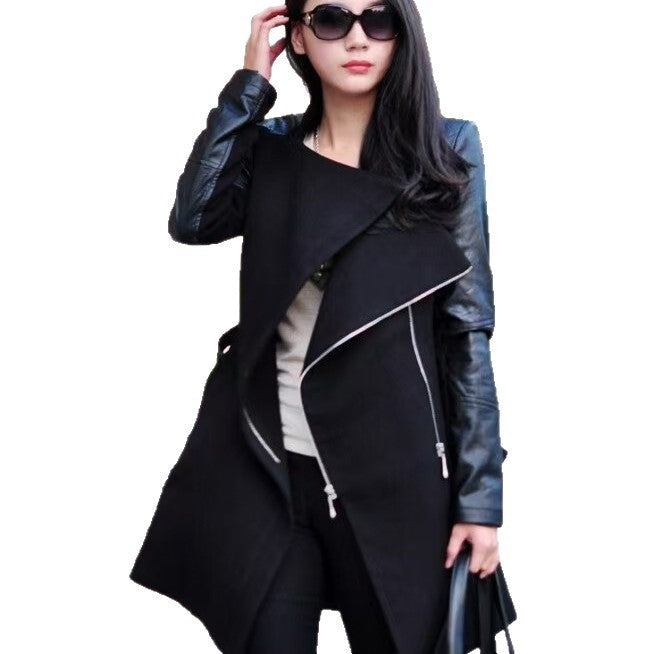 Mid-length Large Stitching Leather Sleeve Woolen Coats