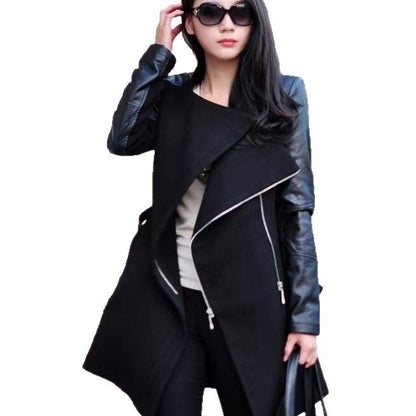 Mid-length Large Stitching Leather Sleeve Woolen Coats