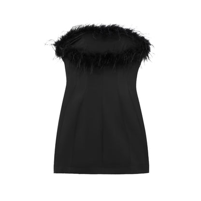 Furry Tube Dress Elastic Stitching Feather Tops