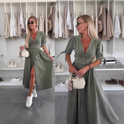 Women's Fashion Long Collar Sleeve Loose Denim Button Dresses