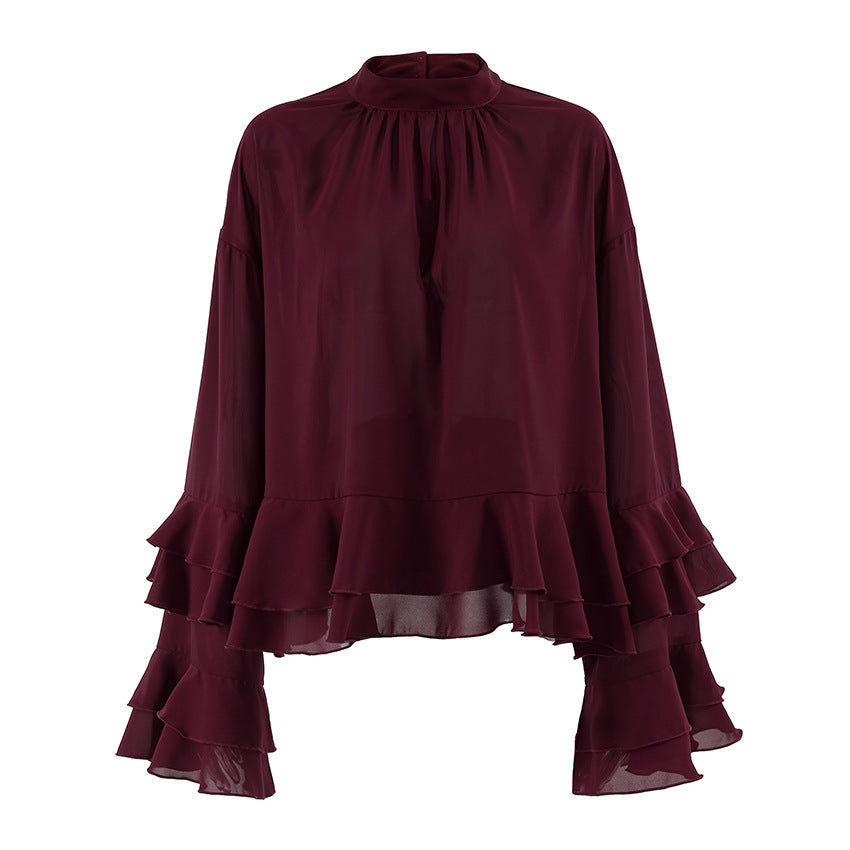 Women's Brown Chiffon Small Stand Collar Ruffle Blouses