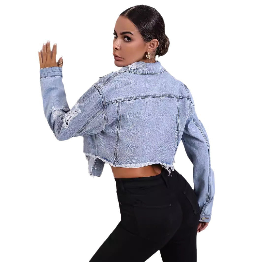 Women's Casual Loose Hole Long Sleeve Denim Coats
